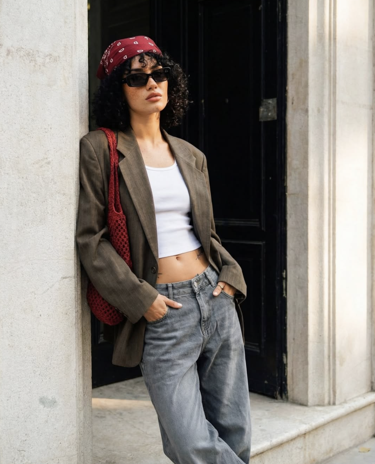 Layla Rey in a brown blazer and red bandana against a stone column